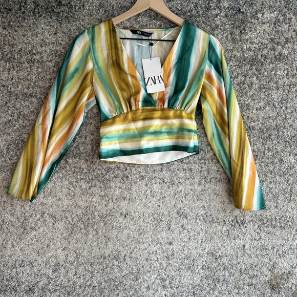 Zara Tops - Zara Crop Top Womens XS Multicolor Striped Blouse Long Sleeve V Neck New Tag
